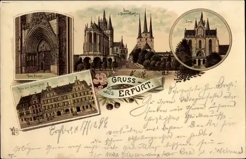 Litho Erfurt in Thüringen, Domportal, Severikirche, Dom, Haus zum breiten Herd