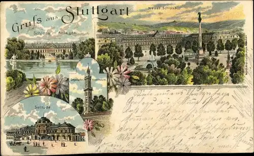 Litho Stuttgart, Schloss mit Anlagen, Neues Schloss, Solitude, Degerlocher Aussichtsturm