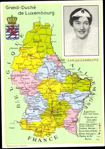 Landkarten Ak Großherzogin Charlotte von Luxemburg, Großherzogtum Luxemburg, Wappen