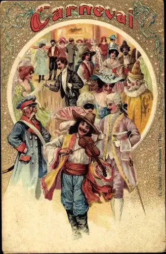 Litho Carneval, kostümierte Festgesellschaft