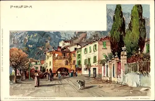 Künstler Litho Wielandt, M., Porlezza Lombardia, Straßenpartie, Hund, Passanten