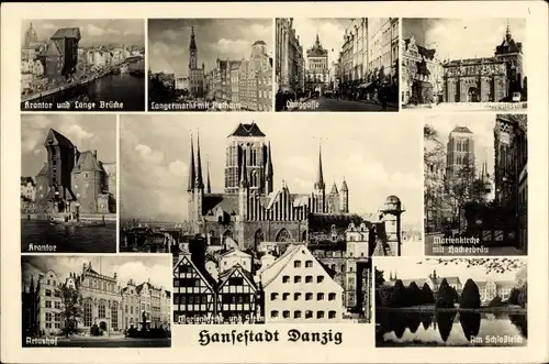Ak Gdańsk Danzig, Krantor, Artushof, Marienkirche, Lange Gasse