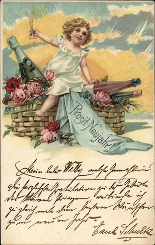 Litho Glückwunsch Neujahr, Kind, Korb, Sektflaschen, Rosen