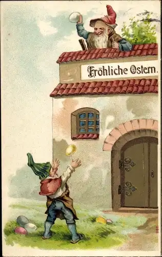 Ak Glückwunsch Ostern, Zwerge, Ostereier