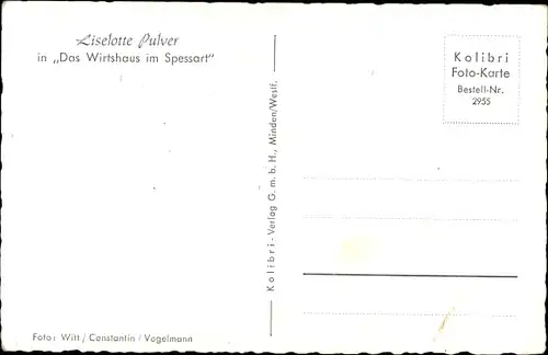 Ak Schauspielerin Liselotte Pulver, Portrait, Das Wirtshaus im Spessart