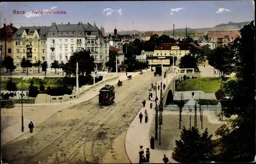 Ak Gera in Thüringen, Heinrichsbrücke, Straßenbahn