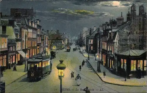 Ak Reims Marne, la Rue de Vesle, Nuit