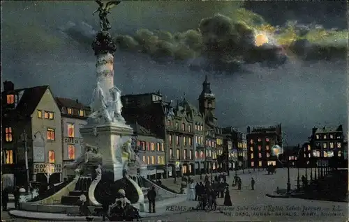 Ak Reims Marne, Fontaine Sube vers l'Eglise Saint-Jacques, Nuit