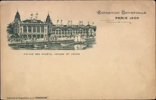 Litho Paris, Weltausstellung 1900, Palais des Forets, Jagd und Fischerei