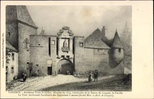 Ak Langres Haute Marne, ancienne Porte St-Didier, demolie en 1854, Statue, La Pucelle, La Tour