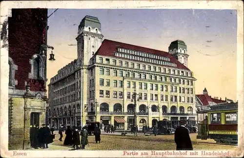 Ak Essen im Ruhrgebiet, Hauptbahnhof, Handelshof, Straßenbahn, Autos