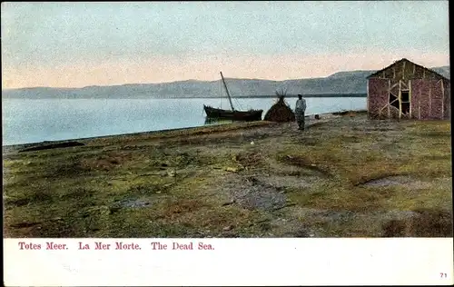 Ak Israel, Totes Meer, Häuschen, Boot