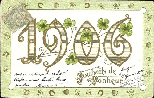 Präge Litho Glückwunsch Neujahr 1906, Glücksklee, Pilze, Hufeisen
