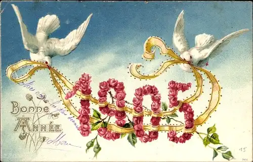 Präge Litho Glückwunsch Neujahr 1905, Tauben, Band, Rosen