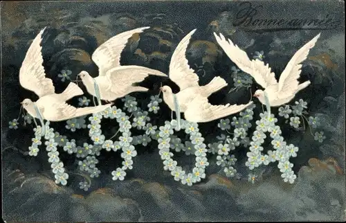 Präge Litho Glückwunsch Neujahr, Jahreszahl 1904, Vergissmeinnicht, Tauben