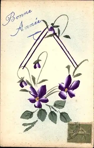 Handgemalt Ak Glückwunsch Neujahr, Lila Blüten