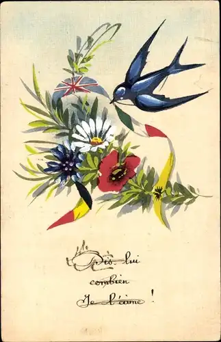 Handgemalt Ak Schwalbe, Blumen in französischen Landesfarben, Belgien, Italien, Großbritannien