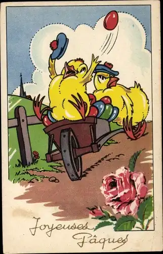 Ak Glückwunsch Ostern, Küken, Schubkarre, Ostereier, Rose