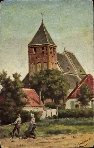 Künstler Ak Gerstenhauer, J. G., Niederländisches Dorfmotiv, Kirche