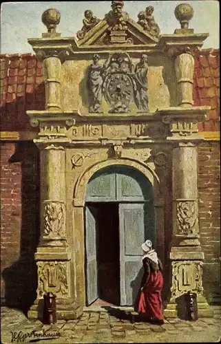 Künstler Ak Gerstenhauer, J. G., Frau in niederländischer Tracht vor einem Gebäudeportal