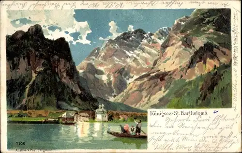 Litho Sankt Bartholomä Schönau am Königssee, Ruderboot, Berge