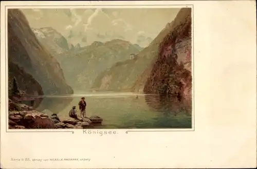 Künstler Litho Schönau am Königssee, Uferpartie mit Alpen