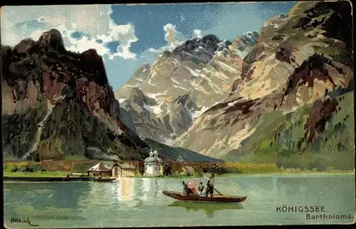 Künstler Litho Heinisch, Schönau Königssee, Bartholomä Kirche, Ruderboot in Fahrt, Alpen