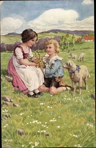 Künstler Ak Goldene Jugendzeit, Kinder und Lamm auf einer Wiese