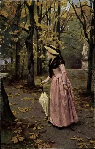 Künstler Ak Überraschung, Frau in einem Park, Herbst