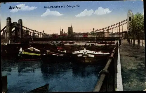 Ak Wrocław Breslau Schlesien, Kaiserbrücke mit Oderpartie, Boote