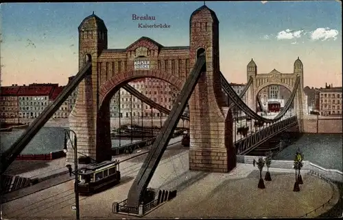 Ak Wrocław Breslau Schlesien, Kaiserbrücke, Straßenbahn