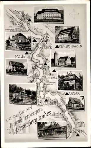 Ak Holzminden an der Weser, Jugendherbergen Weserbergland, Eschershausen, Polle, Uslar, Hann. Münden