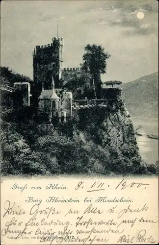 Mondschein Ak Trechtingshausen am Rhein, Burg Rheinstein