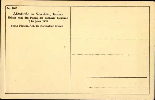 Ak Neresheim in Württemberg, Abteikirche, Innenraum, Pläne Balthasar Neumann