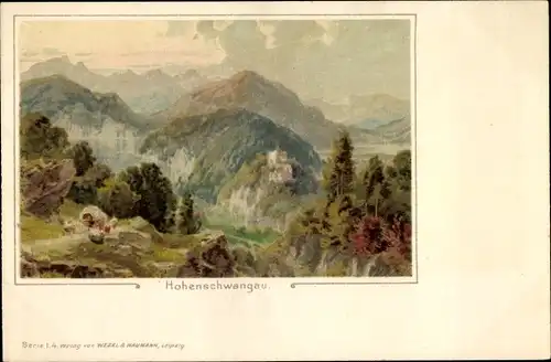 Künstler Litho Hohenschwangau Schwangau, Schloss, Berglandschaft, Felsen