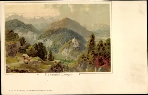 Künstler Litho Hohenschwangau Schwangau, Schloss, Berglandschaft, Felsen