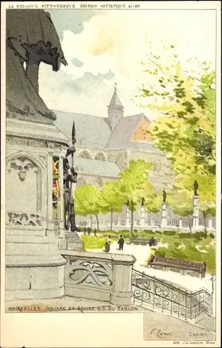 Künstler Litho Ranot, F., Brüssel Brüssel, Square und Kirche Notre Dame du Sablon