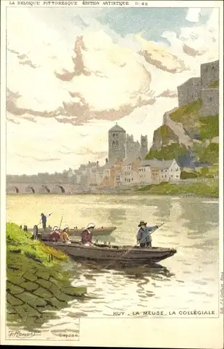 Künstler Litho Ranot, F., Huy Wallonien Lüttich, Le Meuse, La Collegiate