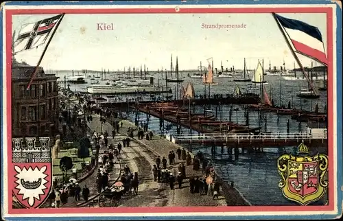 Passepartout Ak Kiel, Strandpromenade, zwei Wappen, Fahnen