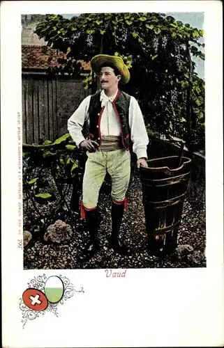 Ak Kanton Waadt, Mann in Volkstracht, Weintrauben, Wappen