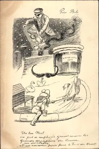 Künstler Ak Glückwunsch Weihnachten, Junge mit Modellboot, Postbote wirft Spielzeug in Kamin