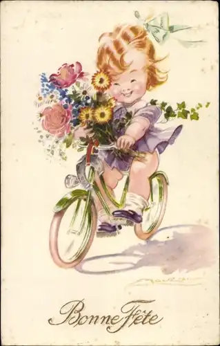 Künstler Ak Mauzan, Glückwunsch Geburtstag, Kind mit Blumenstrauß auf einem Fahrrad