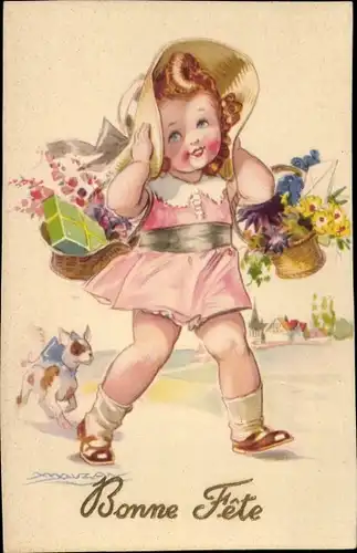 Künstler Ak Mauzan, Glückwunsch Geburtstag, Mädchen mit Blumenkörben und Geschenk, Hund