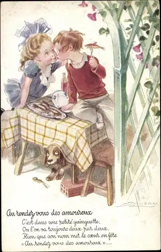 Künstler Ak Mauzan, Kinder küssen sich, Fische