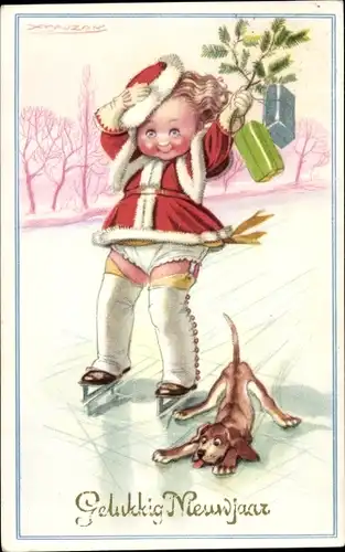 Künstler Ak Mauzan, Glückwunsch Neujahr, Mädchen beim Eislaufen, Hund