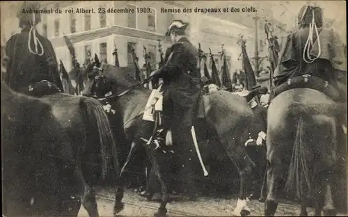 Ak Avenement du roi Albert 1909, König Albert I. von Belgien, Thronbesteigung, Remise des drapeaux