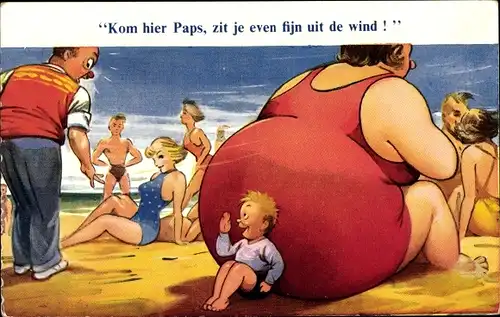 Künstler Ak Junge benutzt dicke Frau im Badeanzug als Windschutz