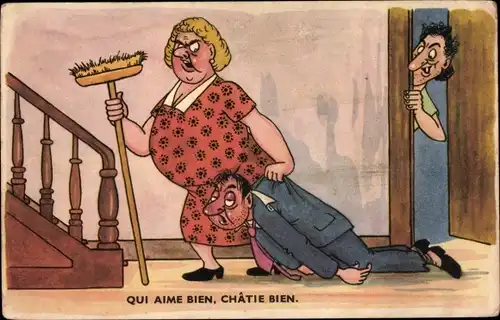 Künstler Ak Wütende Ehefrau hat betrunkenen Mann am Kragen