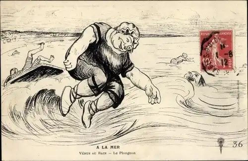 Ak Dicke Frau springt vom Steg ins Wasser