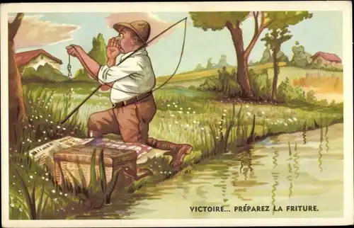 Künstler Ak Angler mit winzigem Fisch am Haken